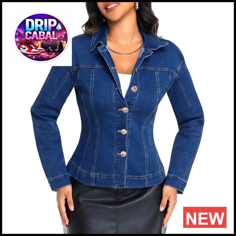 Women's Dark Blue Denim Jacket - Fitted Button-Front
